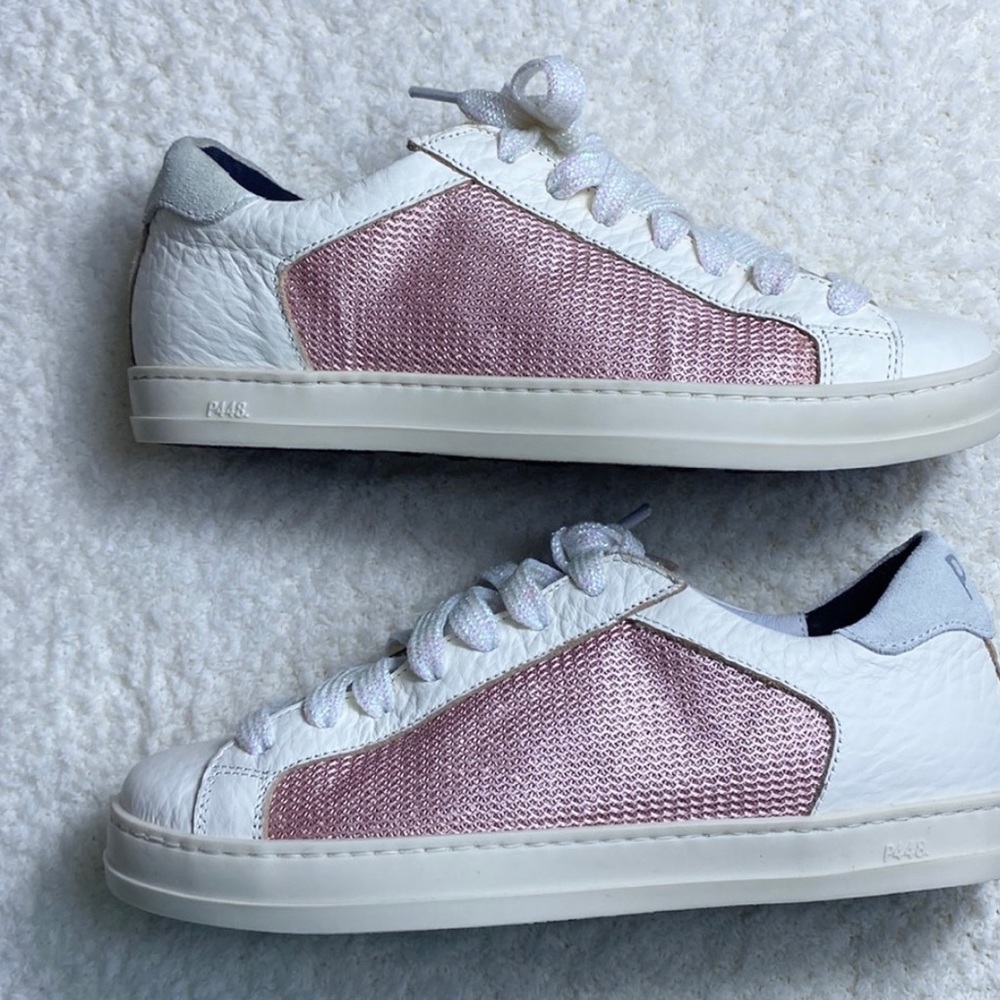 P448 John Polly Sneakers White Leather Soft Metallic Pink Size 6